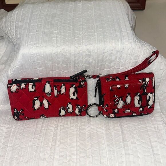 Vera Bradley Red Black White Gray Playful Penguins Wristlet & Small Wallet Set - Picture 1 of 16